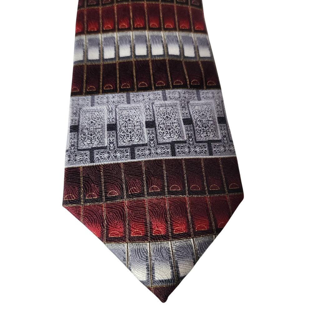 Antonia Collection Tie 100% Silk Mens Necktie Red Silver Geometric 3.75" x 63"